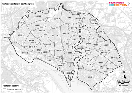 Postcodes sectors in the Southampton boundary