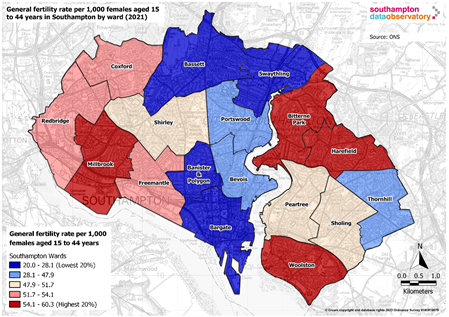 Map of crude birth rates in Southampton